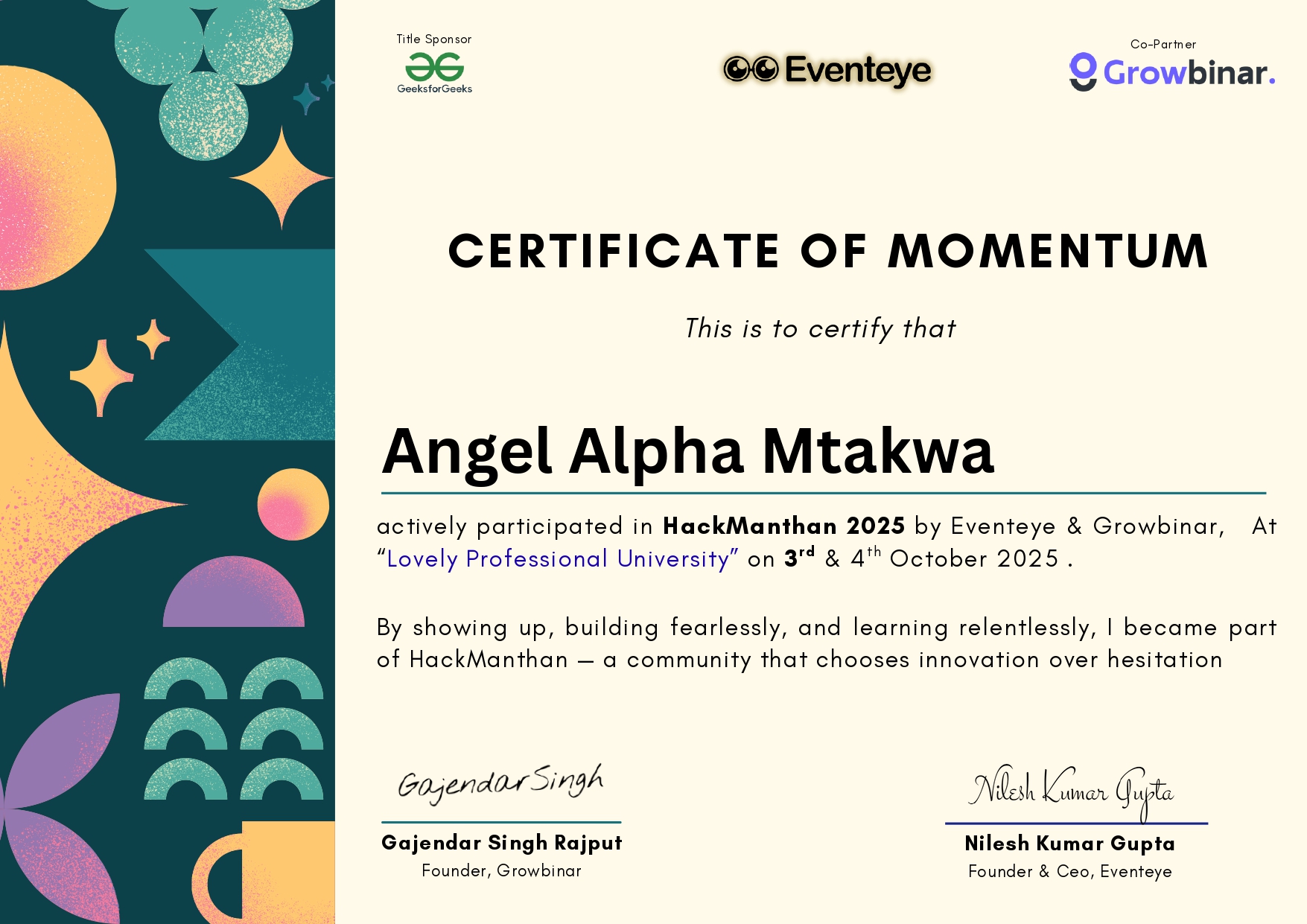 HackManthan 2025 certificate of momentum