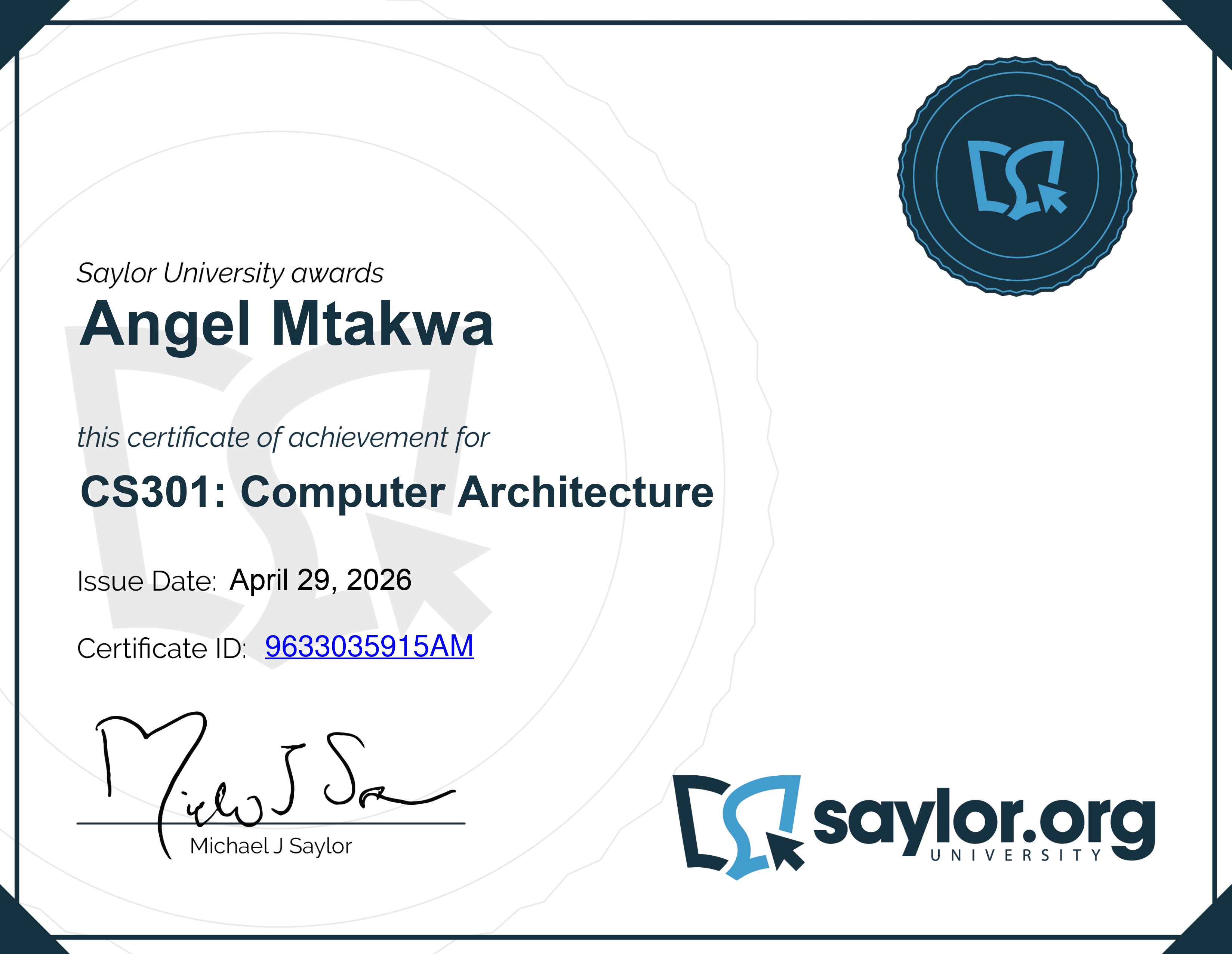 CS301 Computer Architecture certificate