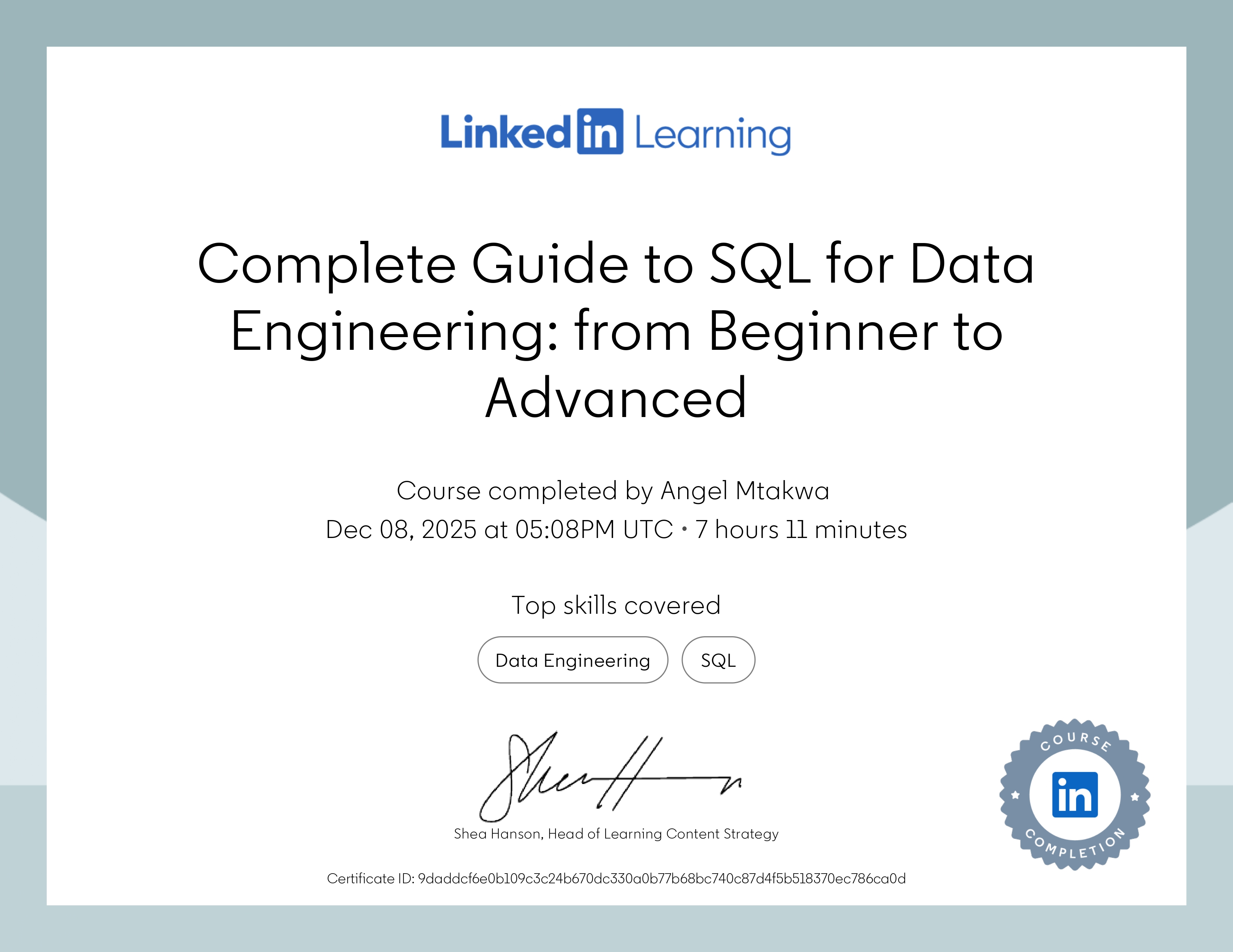 Complete Guide to SQL for Data Engineering certificate